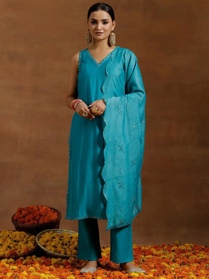 Gerua Green Solid Silk Blend Straight Suit With Dupatta