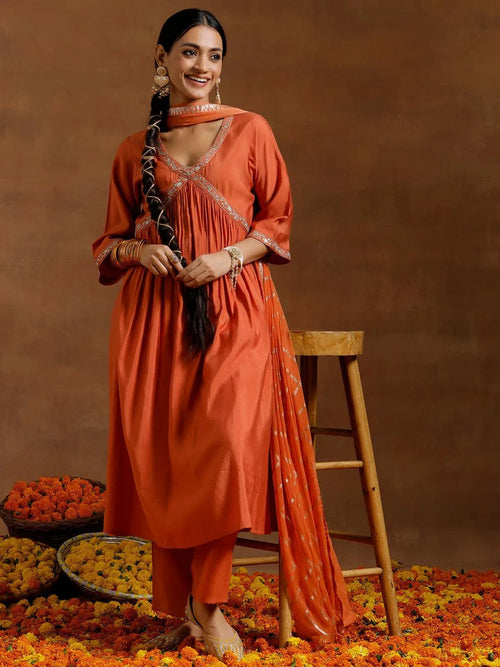 Gerua Rust Solid Silk Blend A-Line Kurta With Trousers & Dupatta