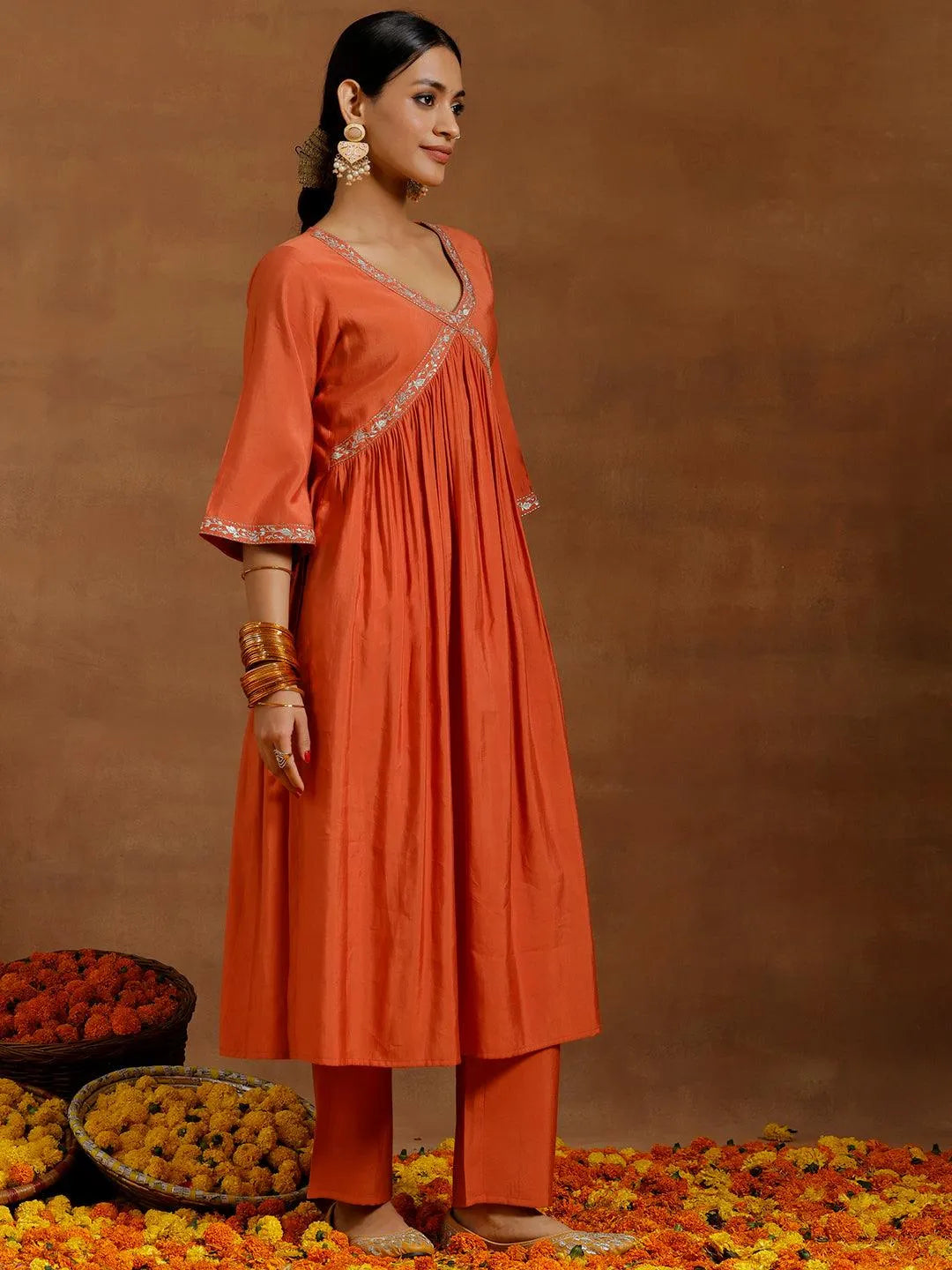 Gerua Rust Solid Silk Blend A-Line Kurta With Trousers & Dupatta