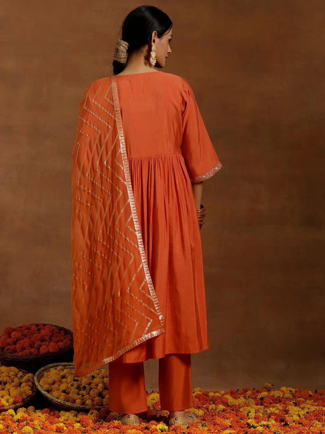 Gerua Rust Solid Silk Blend A-Line Kurta With Trousers & Dupatta