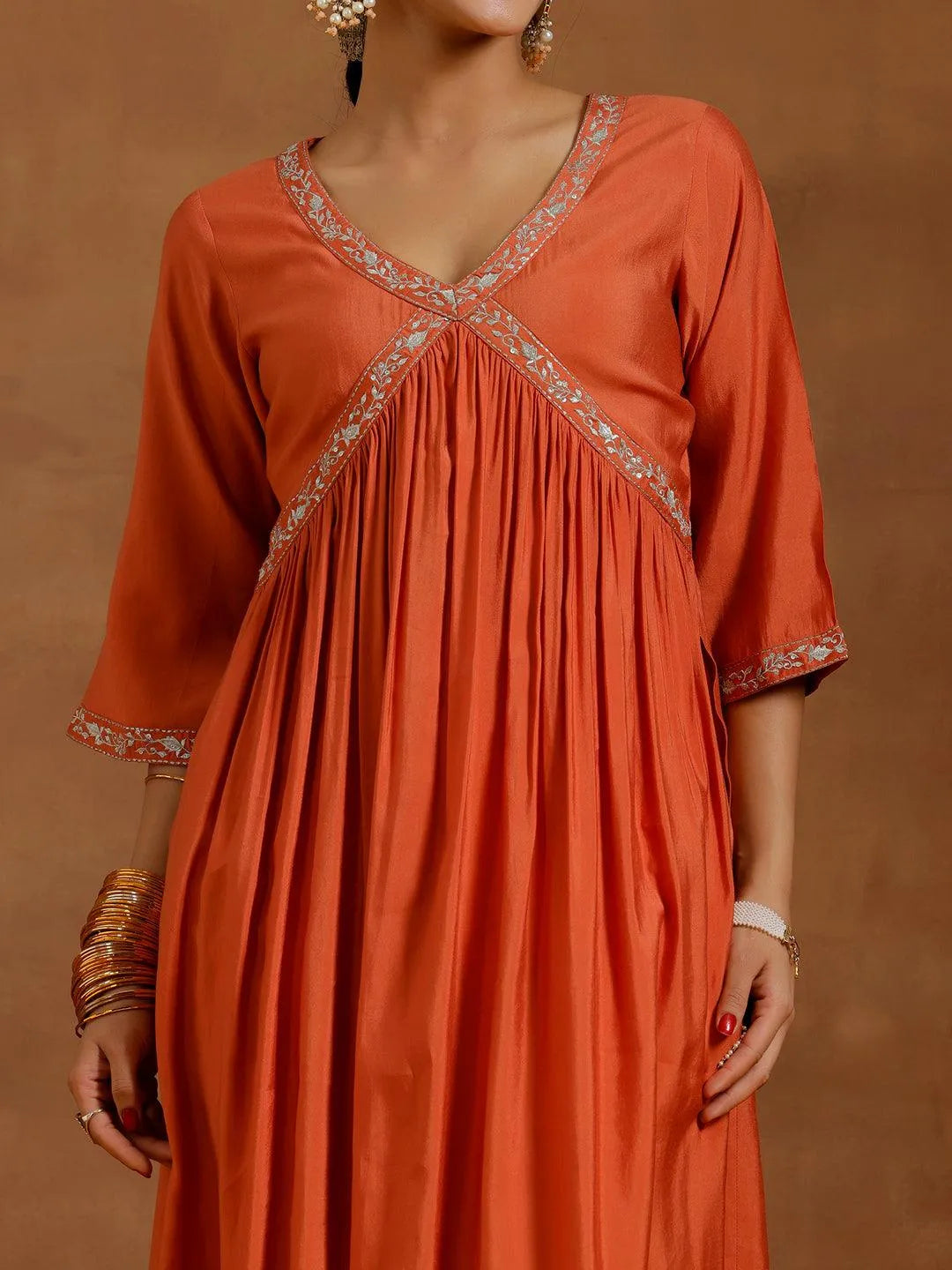 Gerua Rust Solid Silk Blend A-Line Kurta With Trousers & Dupatta