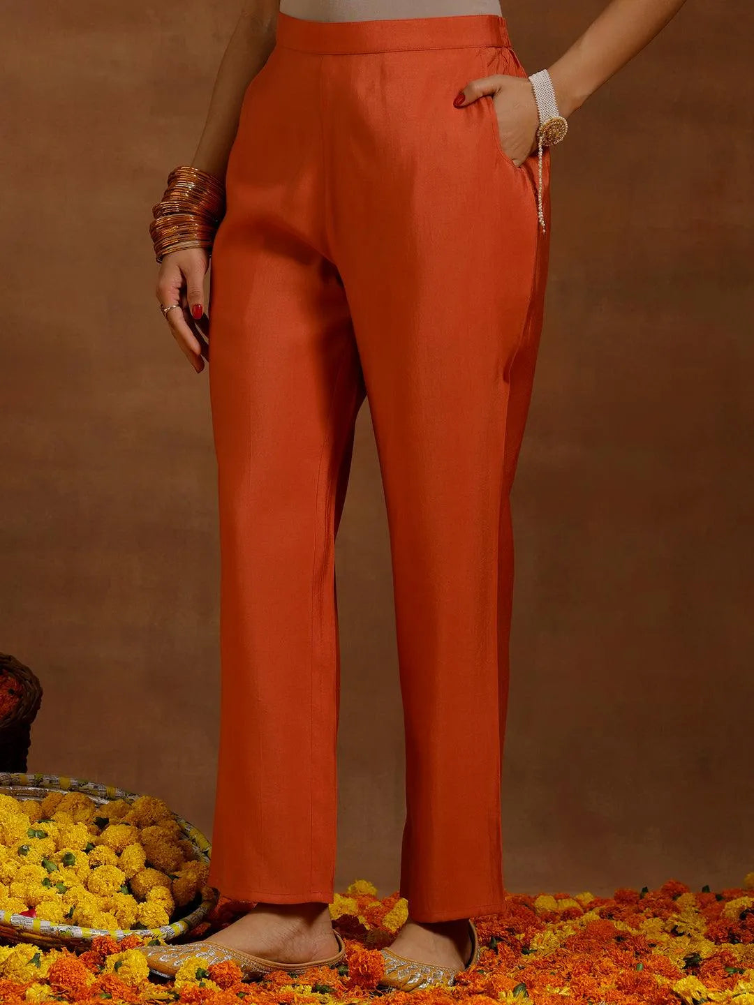 Gerua Rust Solid Silk Blend A-Line Kurta With Trousers & Dupatta