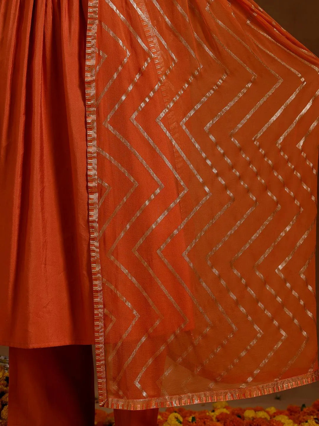 Gerua Rust Solid Silk Blend A-Line Kurta With Trousers & Dupatta