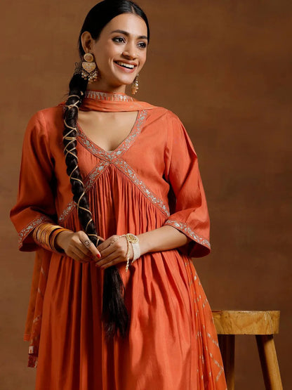Gerua Rust Solid Silk Blend A-Line Kurta With Trousers & Dupatta