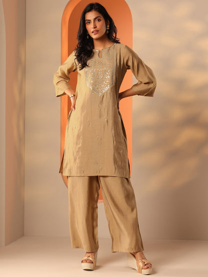 Gerua Beige Yoke Design Silk Blend Straight Kurta Set