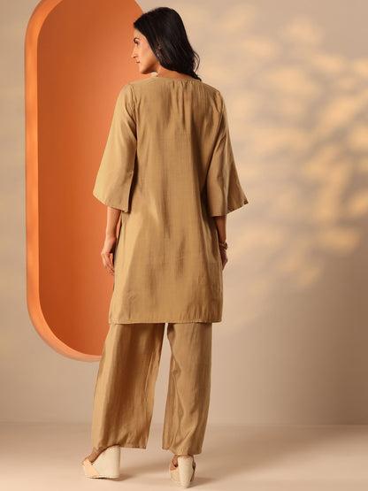 Gerua Beige Yoke Design Silk Blend Straight Kurta Set