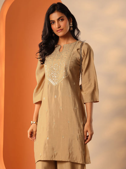 Gerua Beige Yoke Design Silk Blend Straight Kurta Set