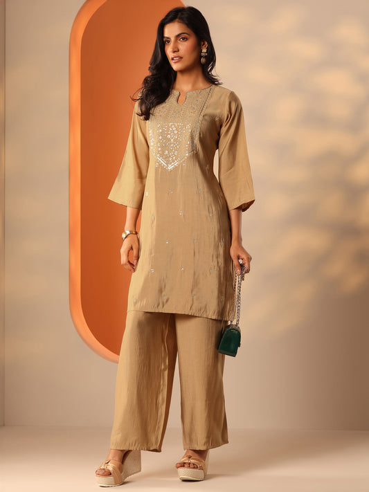 Gerua Beige Yoke Design Silk Blend Straight Kurta Set