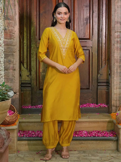Gerua Yellow Yoke Design Silk Blend Straight Kurta Set