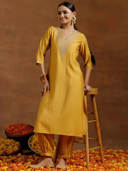 Gerua Yellow Yoke Design Silk Blend Straight Kurta Set