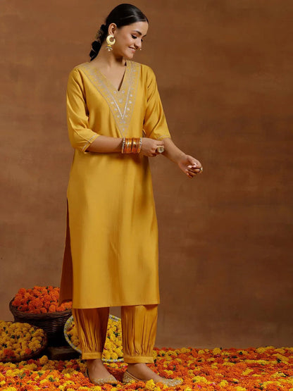 Gerua Yellow Yoke Design Silk Blend Straight Kurta Set