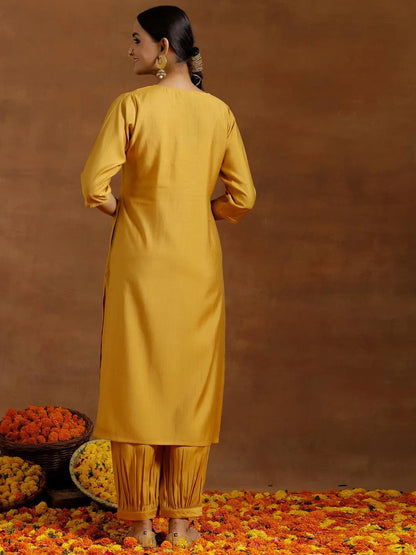 Gerua Yellow Yoke Design Silk Blend Straight Kurta Set