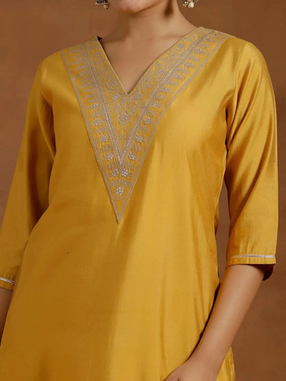 Gerua Yellow Yoke Design Silk Blend Straight Kurta Set
