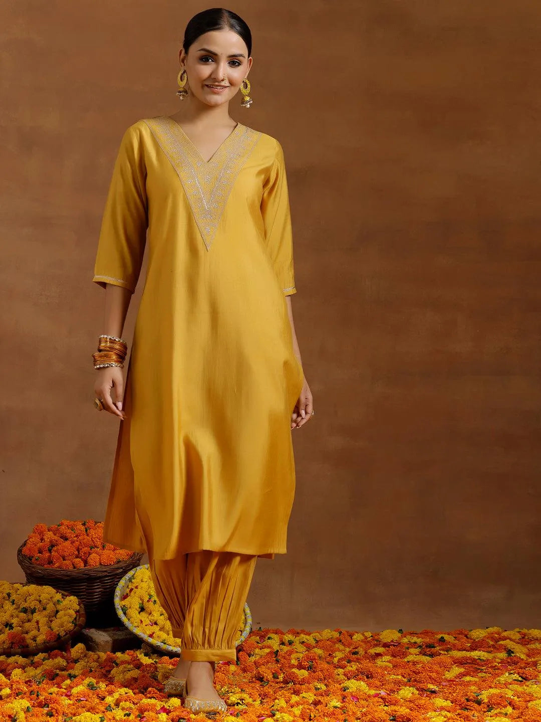 Gerua Yellow Yoke Design Silk Blend Straight Kurta Set