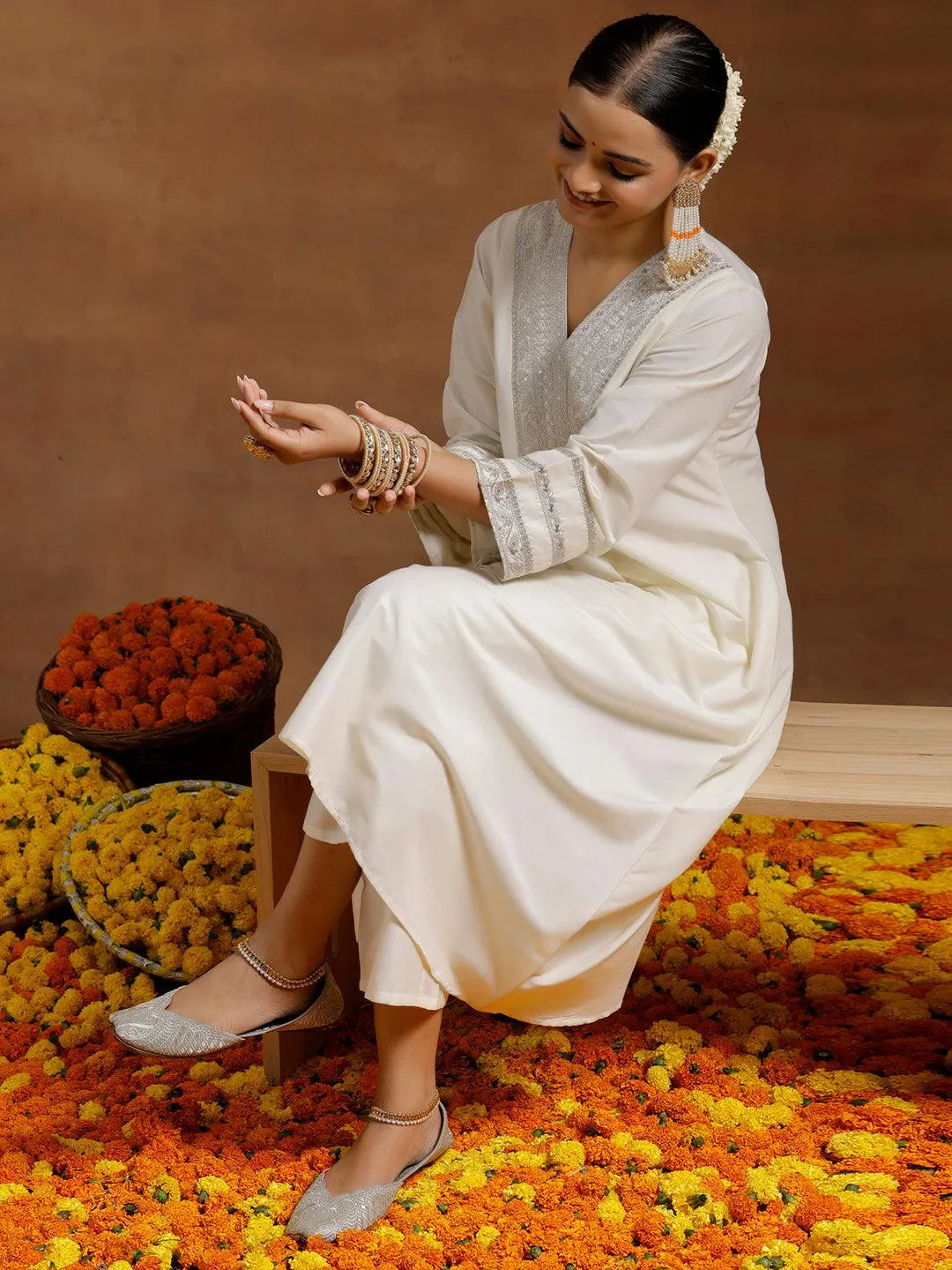 Gerua Off white Yoke Design Silk Blend A-Line Kurta With Trousers