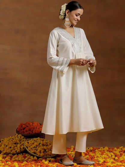 Gerua Off white Yoke Design Silk Blend A-Line Kurta With Trousers
