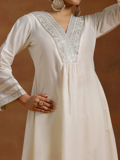 Gerua Off white Yoke Design Silk Blend A-Line Kurta With Trousers