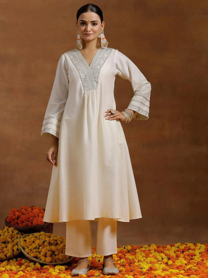Gerua Off white Yoke Design Silk Blend A-Line Kurta With Trousers