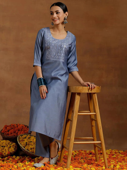 Gerua Grey Yoke Design Silk Blend Straight Kurta Set