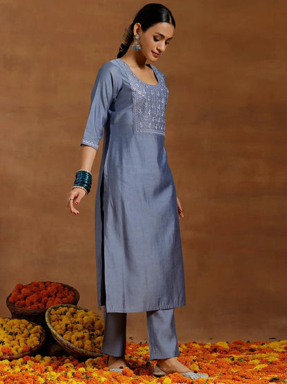 Gerua Grey Yoke Design Silk Blend Straight Kurta Set