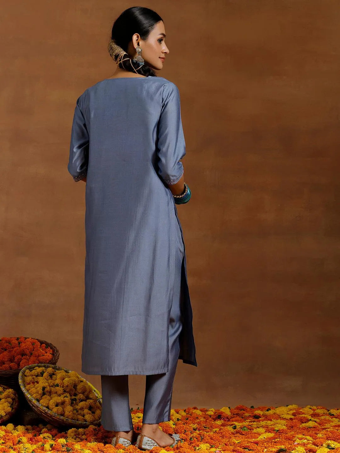 Gerua Grey Yoke Design Silk Blend Straight Kurta Set