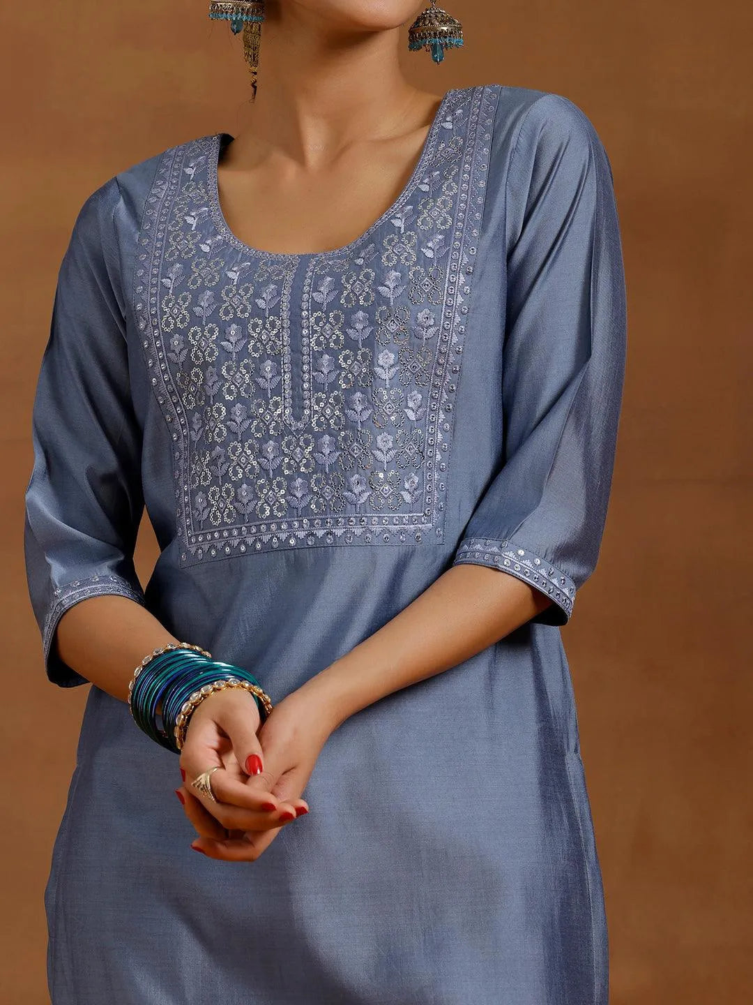 Gerua Grey Yoke Design Silk Blend Straight Kurta Set