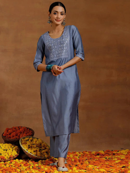 Gerua Grey Yoke Design Silk Blend Straight Kurta Set
