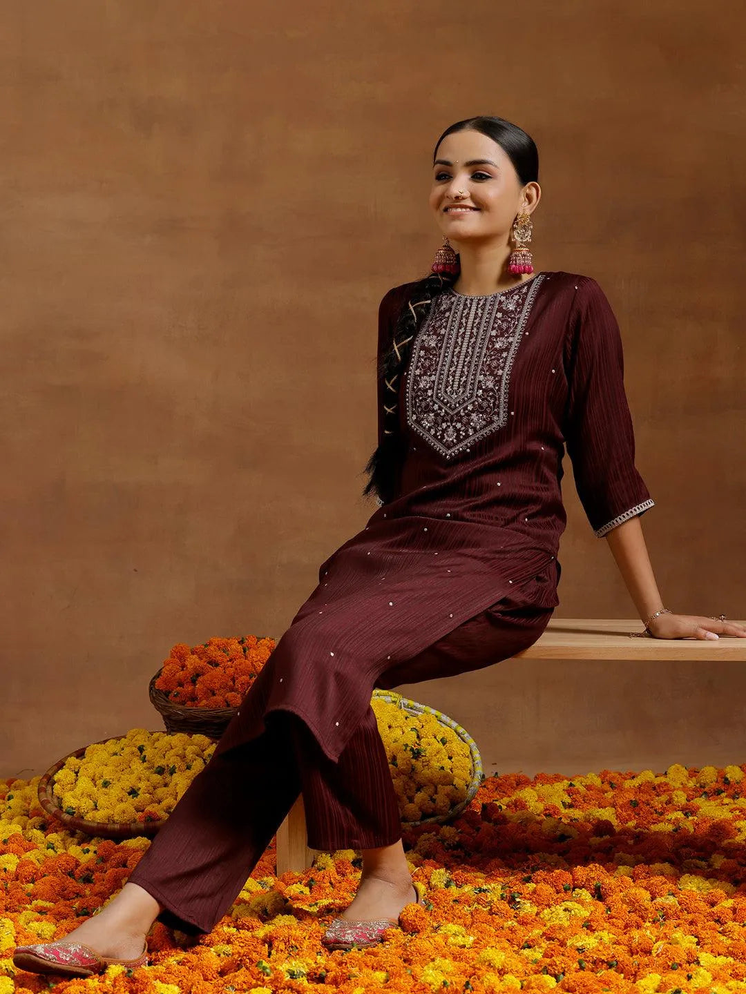 Gerua Maroon Embroidered Silk Blend Straight Kurta Set