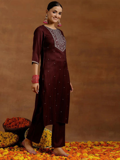 Gerua Maroon Embroidered Silk Blend Straight Kurta Set