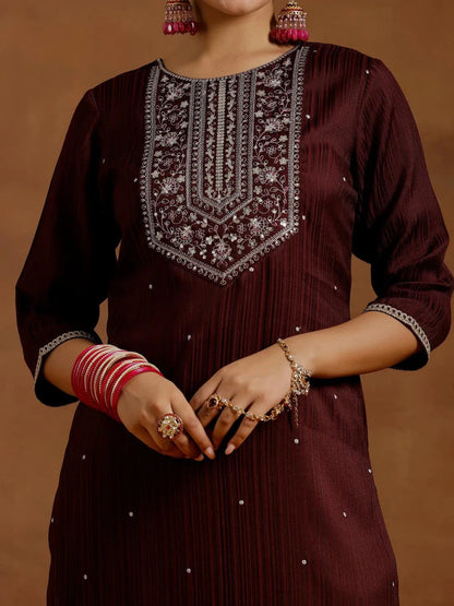 Gerua Maroon Embroidered Silk Blend Straight Kurta Set