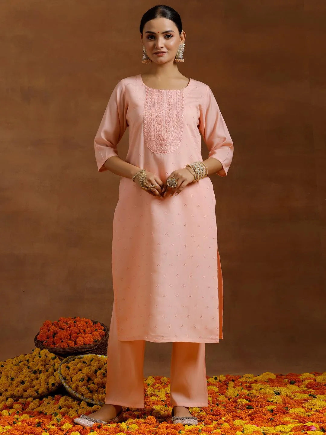 Gerua Peach Embroidered Silk Blend Straight Kurta Set