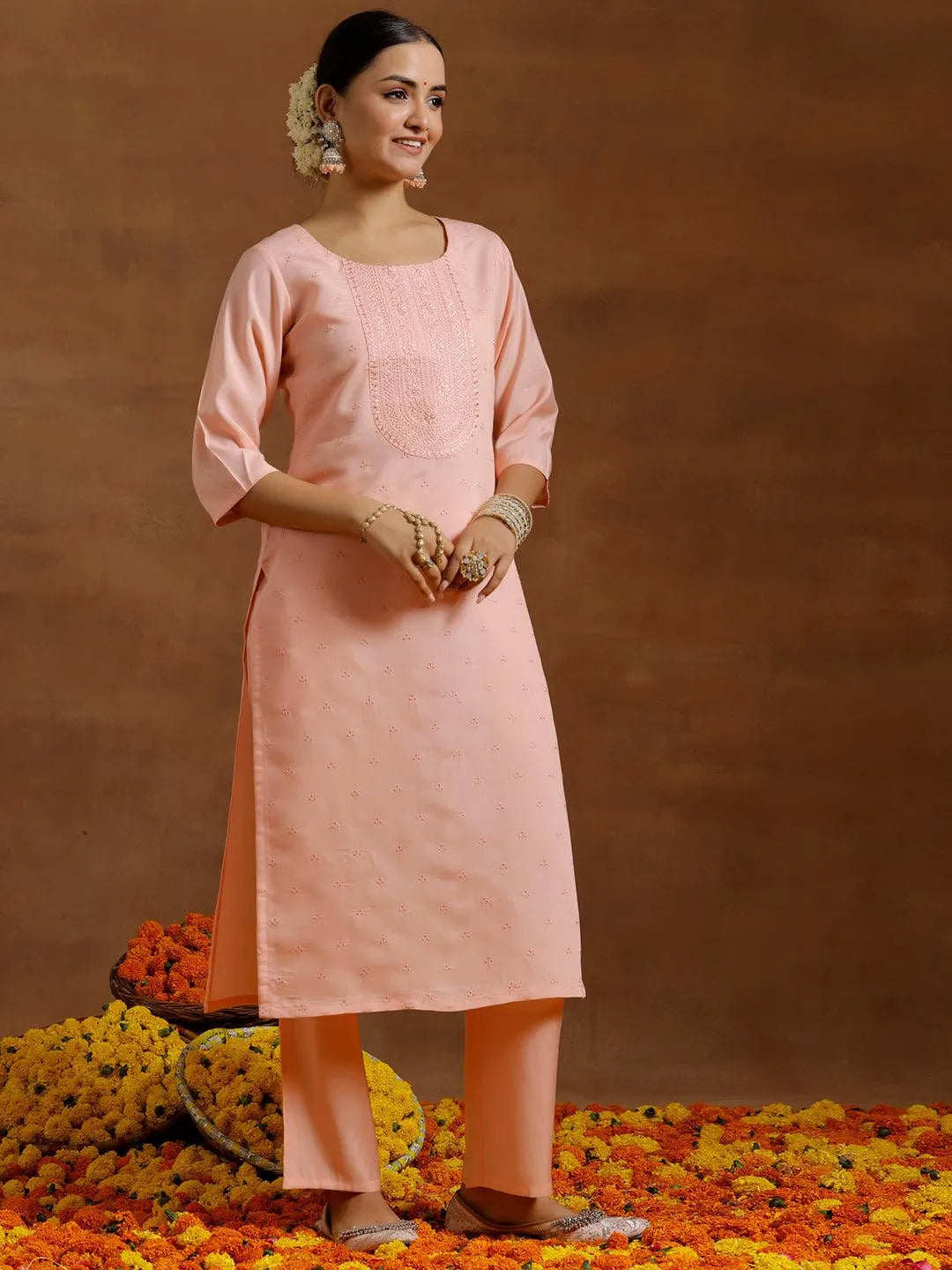 Gerua Peach Embroidered Silk Blend Straight Kurta Set