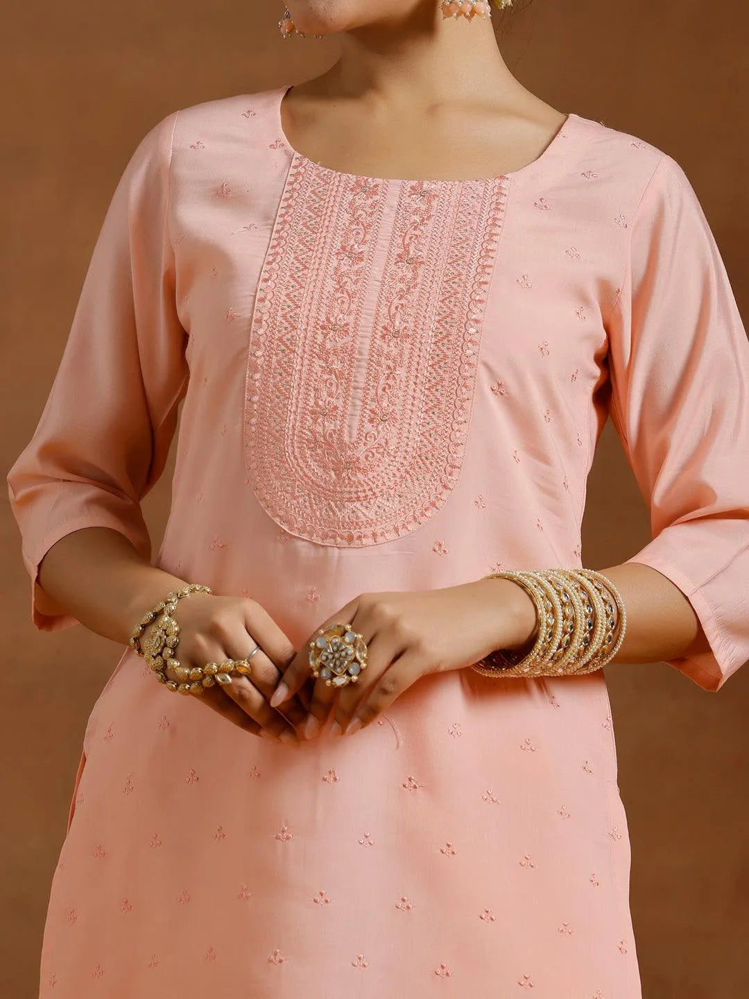 Gerua Peach Embroidered Silk Blend Straight Kurta Set