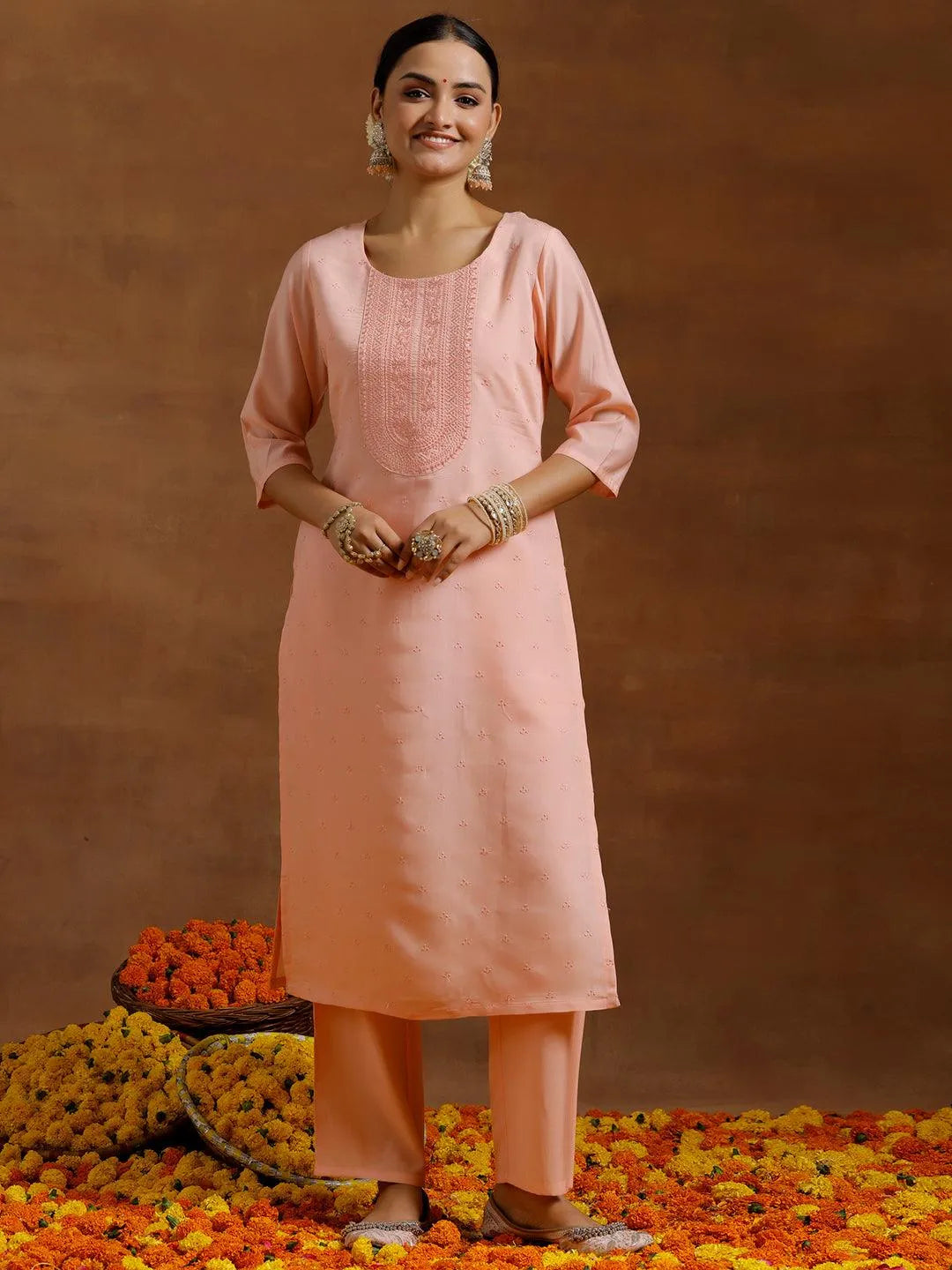 Gerua Peach Embroidered Silk Blend Straight Kurta Set