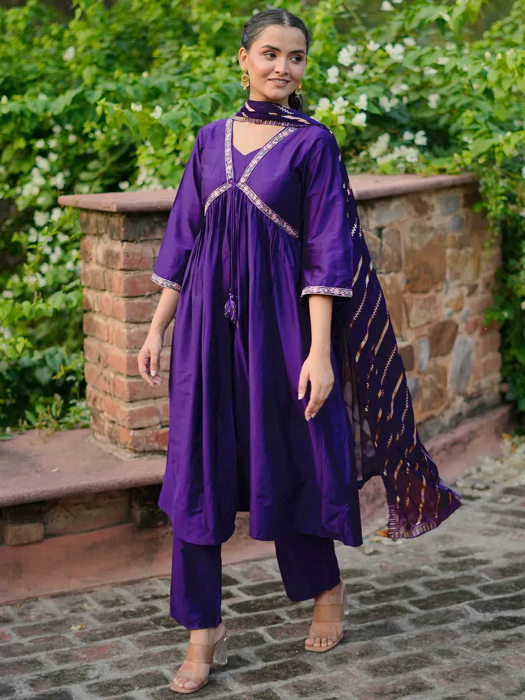 Gerua Purple Solid Silk Blend A-Line Kurta With Trousers & Dupatta