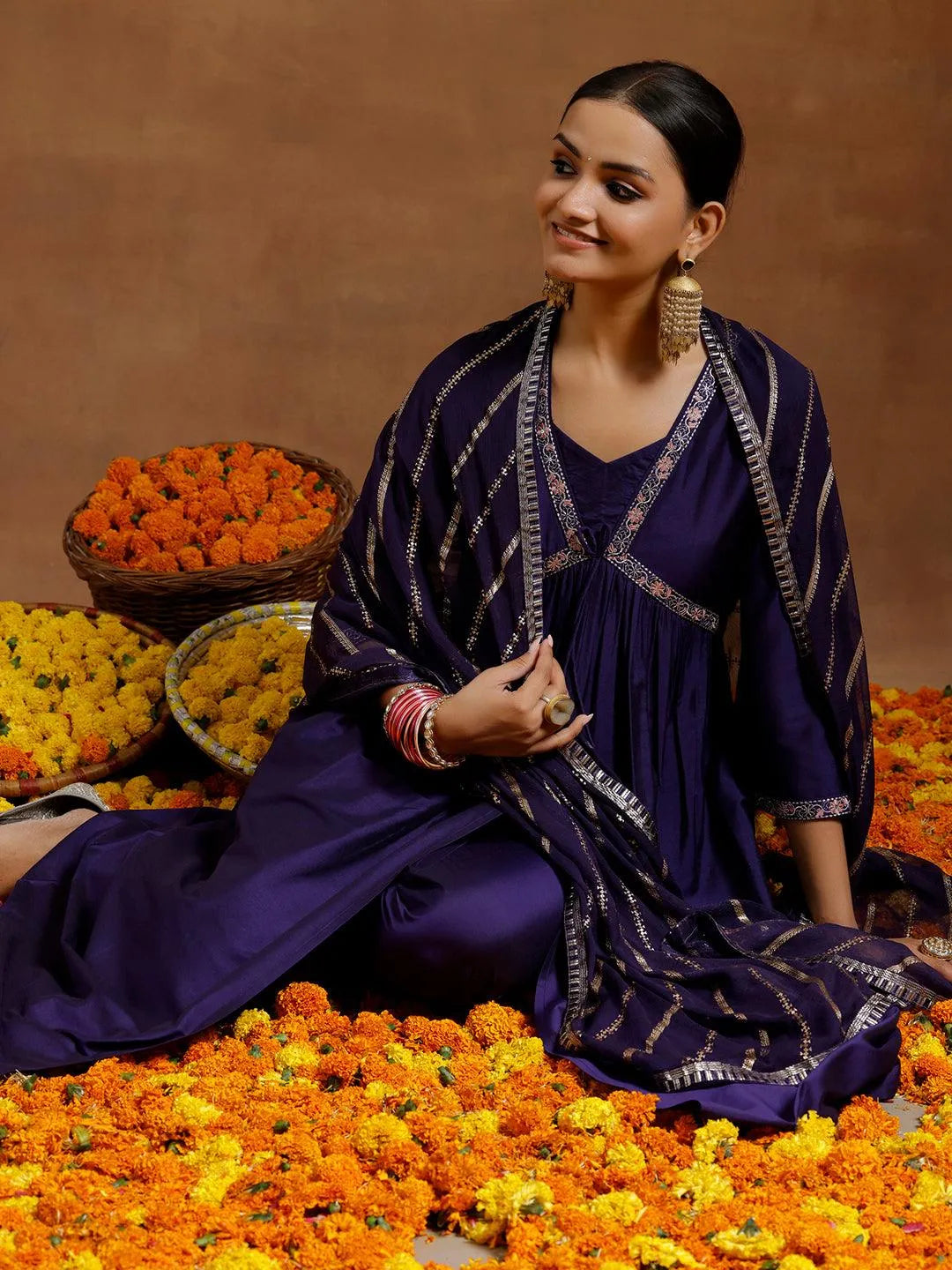 Gerua Purple Solid Silk Blend A-Line Kurta With Trousers & Dupatta