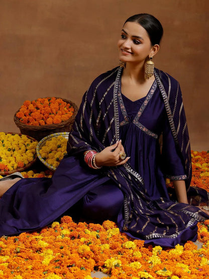 Gerua Purple Solid Silk Blend A-Line Kurta With Trousers & Dupatta