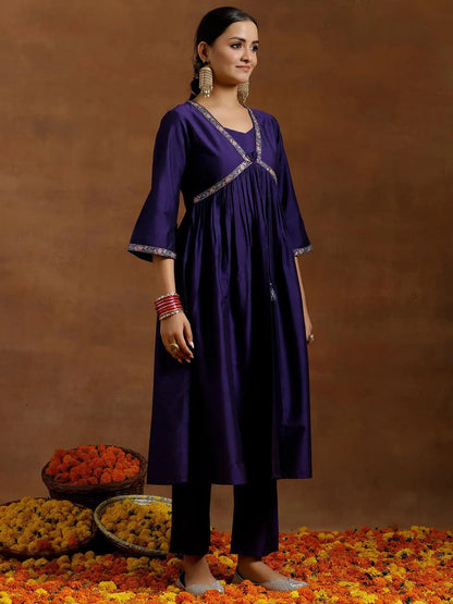 Gerua Purple Solid Silk Blend A-Line Kurta With Trousers & Dupatta