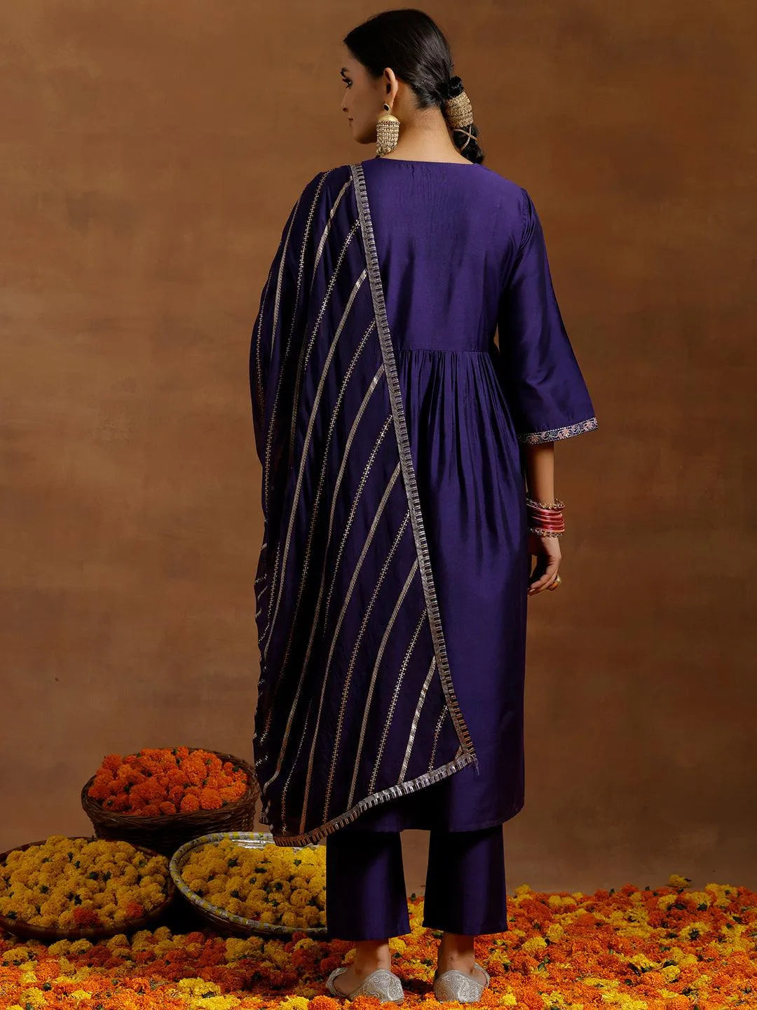 Gerua Purple Solid Silk Blend A-Line Kurta With Trousers & Dupatta