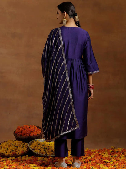 Gerua Purple Solid Silk Blend A-Line Kurta With Trousers & Dupatta