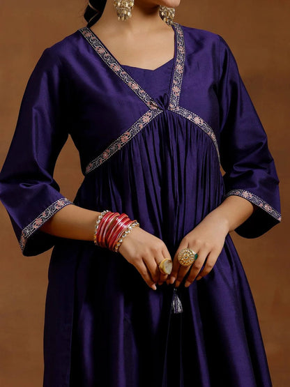 Gerua Purple Solid Silk Blend A-Line Kurta With Trousers & Dupatta