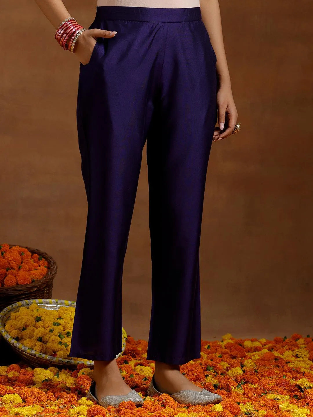 Gerua Purple Solid Silk Blend A-Line Kurta With Trousers & Dupatta