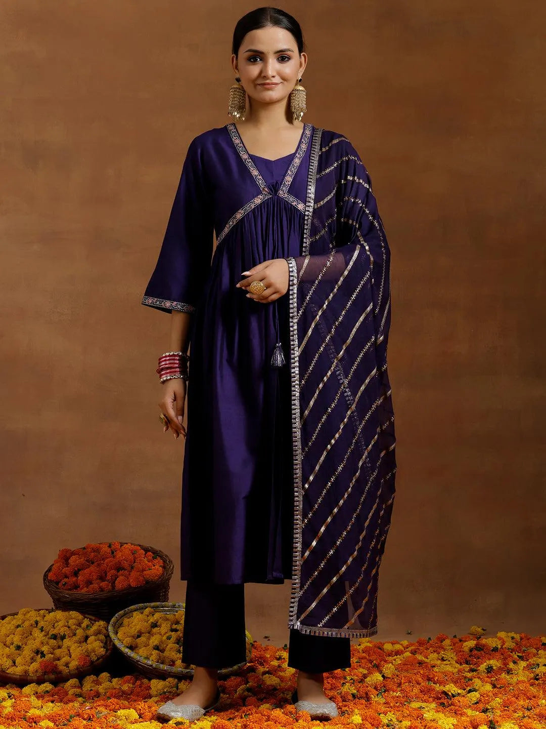 Gerua Purple Solid Silk Blend A-Line Kurta With Trousers & Dupatta