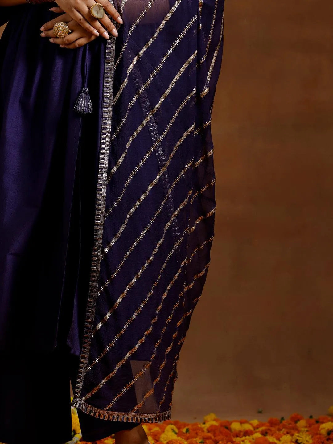 Gerua Purple Solid Silk Blend A-Line Kurta With Trousers & Dupatta