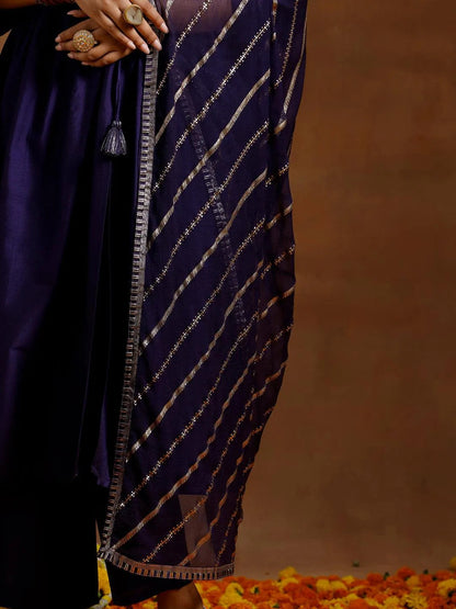 Gerua Purple Solid Silk Blend A-Line Kurta With Trousers & Dupatta