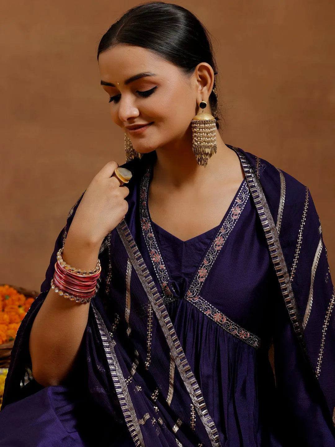 Gerua Purple Solid Silk Blend A-Line Kurta With Trousers & Dupatta