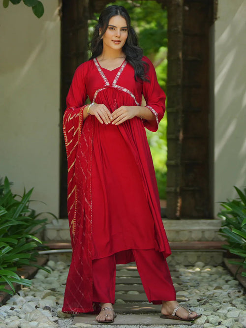 Gerua Red Solid Silk Blend A-Line Kurta With Trousers & Dupatta
