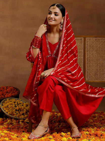 Gerua Red Solid Silk Blend A-Line Kurta With Trousers & Dupatta