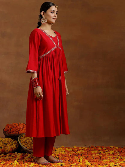 Gerua Red Solid Silk Blend A-Line Kurta With Trousers & Dupatta
