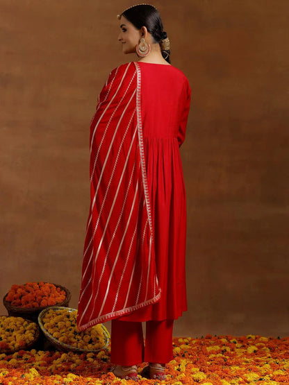 Gerua Red Solid Silk Blend A-Line Kurta With Trousers & Dupatta